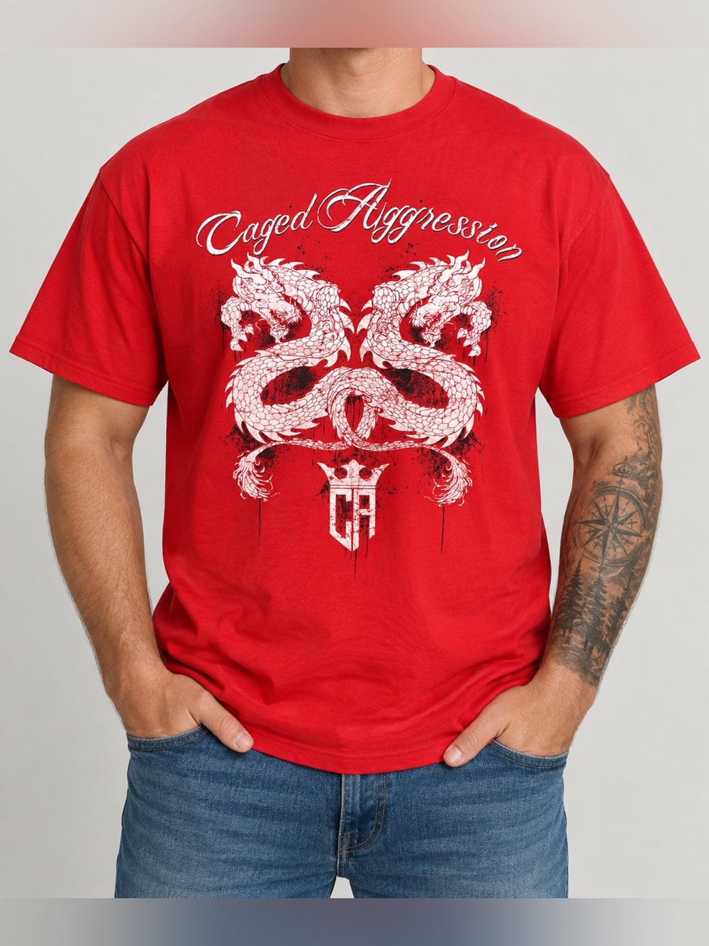 Caged Aggression men's graphic T-shirt featuring a bold double dragon design on